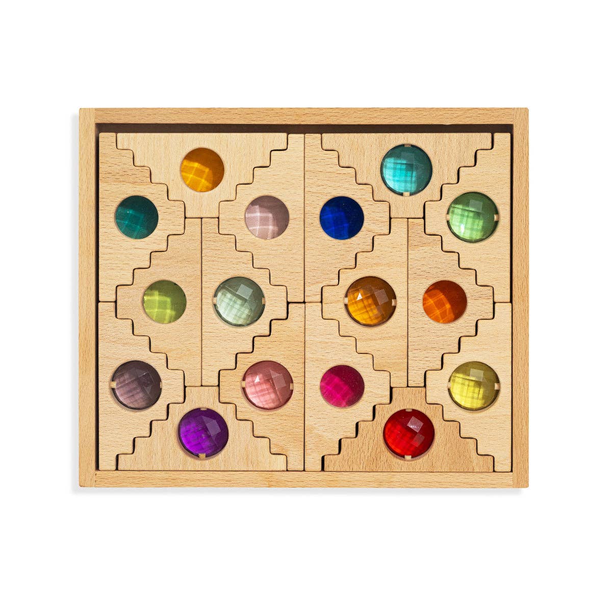 Wooden puzzle with colorful beads on a white background