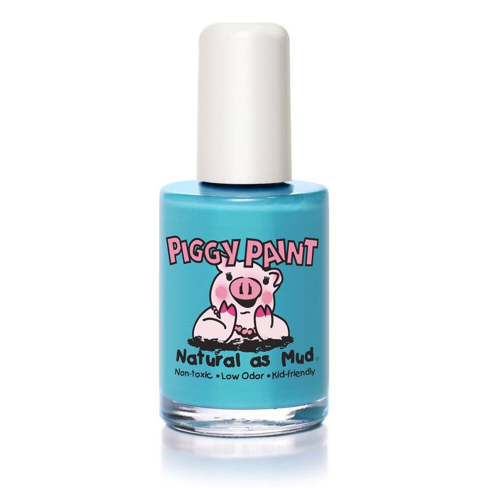 Blue bottle of Piggy Paint nail polish with a cartoon pig design on a white background