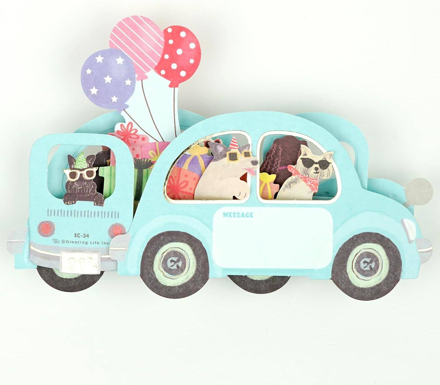 Toy car with cartoon animals and balloons on a white background