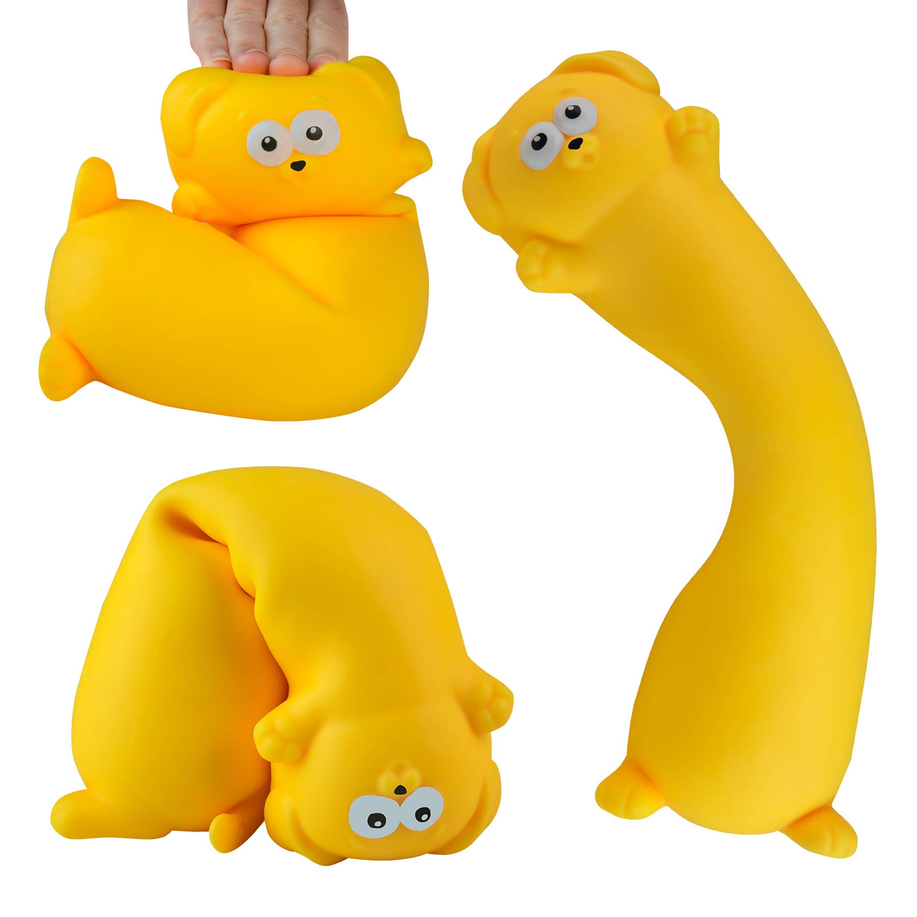 Yellow squishy toy with a face on a white background