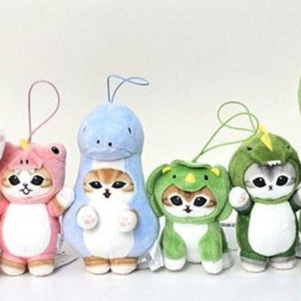 Set of small plush toys with animal and cartoon character designs on a white background
