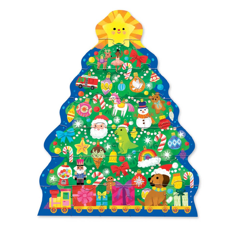 A Christmas tree-shaped children's puzzle featuring a colorful illustrated holiday scene with ornaments, candy canes, Santa Claus, snowman,驯鹿, gifts, and a yellow sun on a white background.