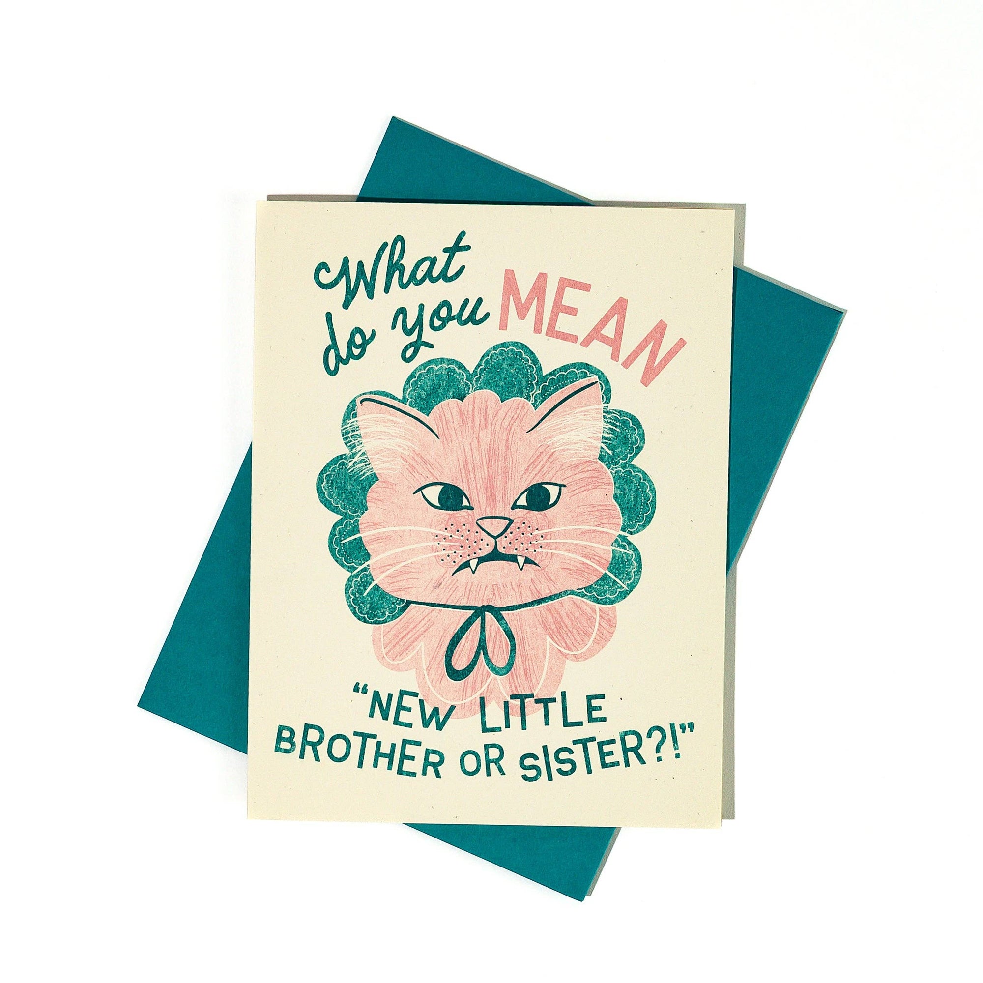 Card with a cat illustration and text about a new little brother or sister on a white background