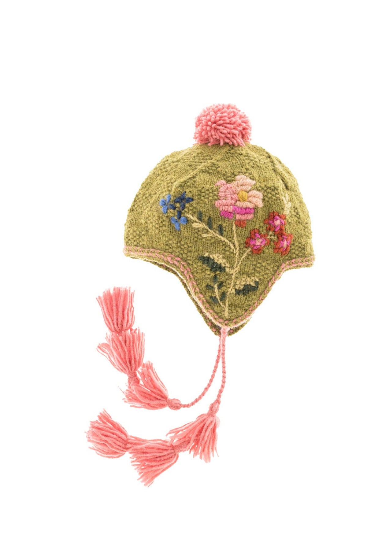 An olive green crocheted knit hat featuring pink and blue floral embroidery, a pink pom-pom on top, and three long pink tassels hanging from the ear flaps, shown against a plain white background.