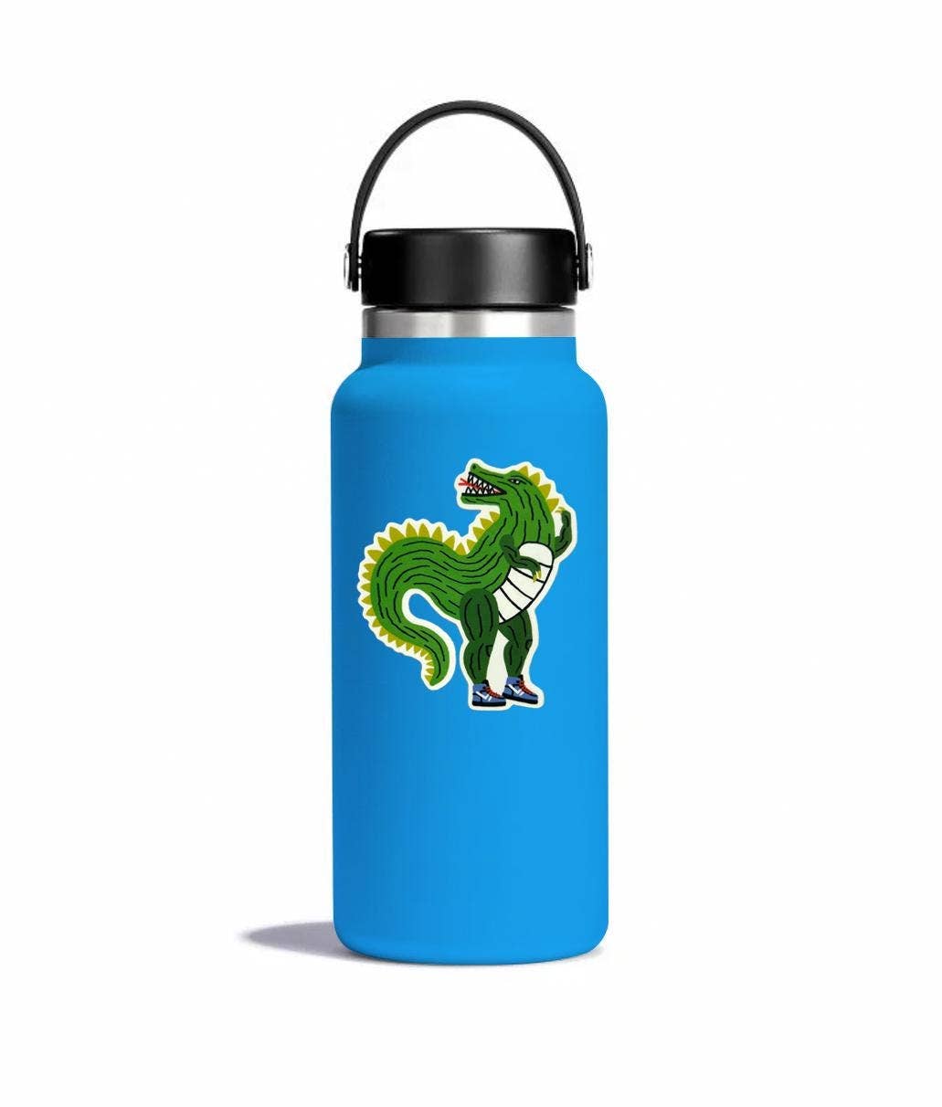 A bright blue insulated water bottle with a black lid and carrying loop, featuring a cartoon green dinosaur graphic on the front, set against a plain white background.