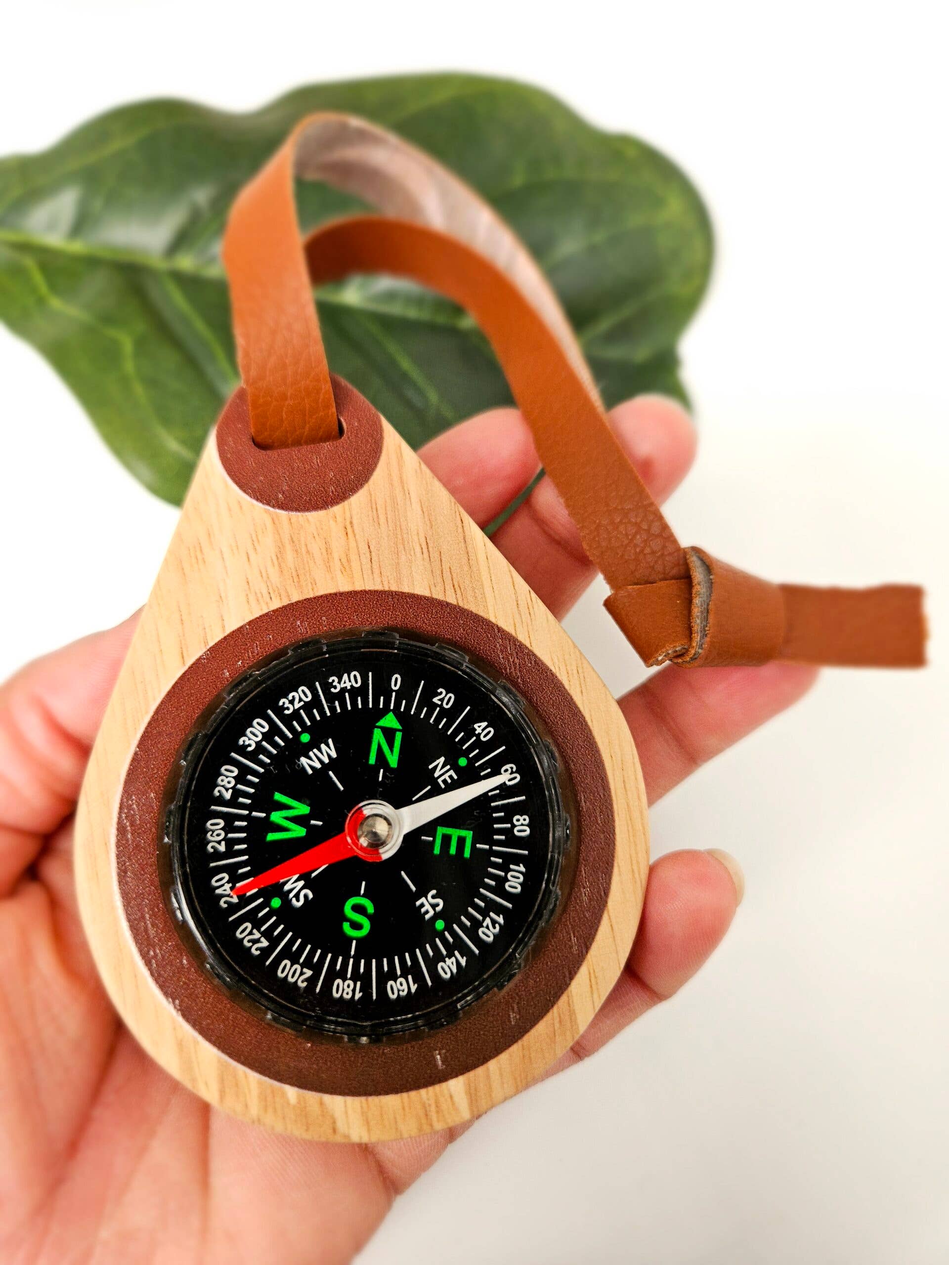 Wooden compass with leather strap held in a hand against a green leaf background