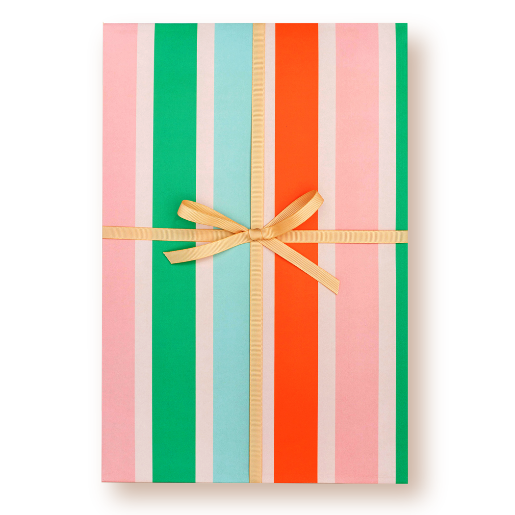 Colorful striped gift box with a yellow ribbon on a white background