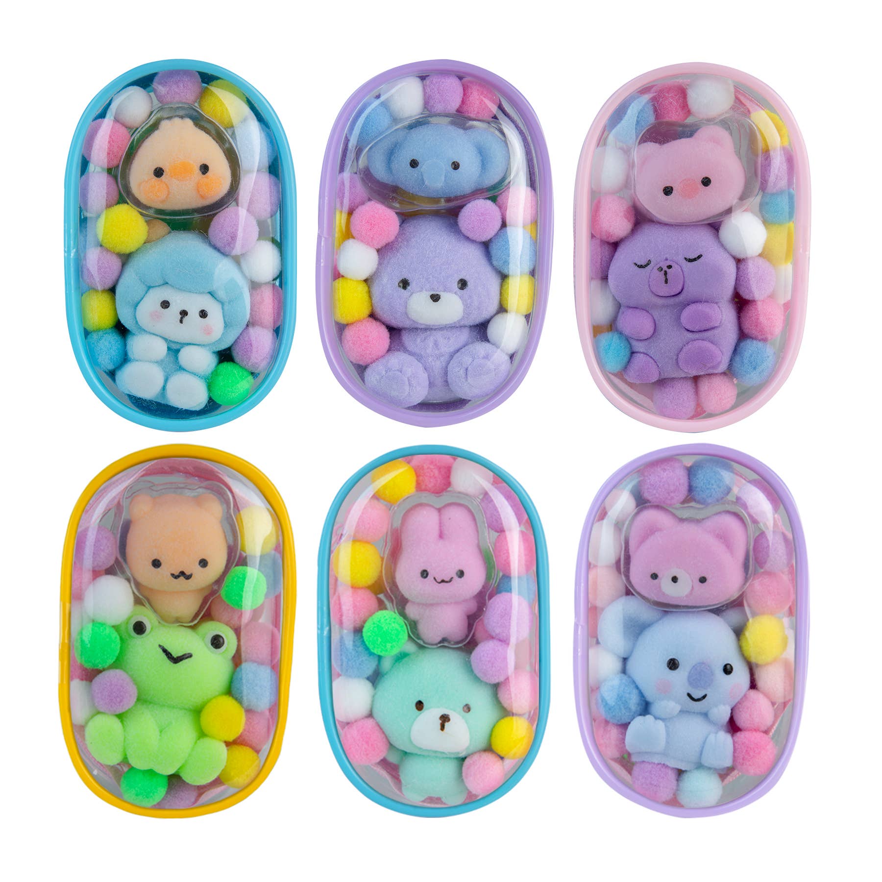 Set of colorful animal figurines in small cases on a white background