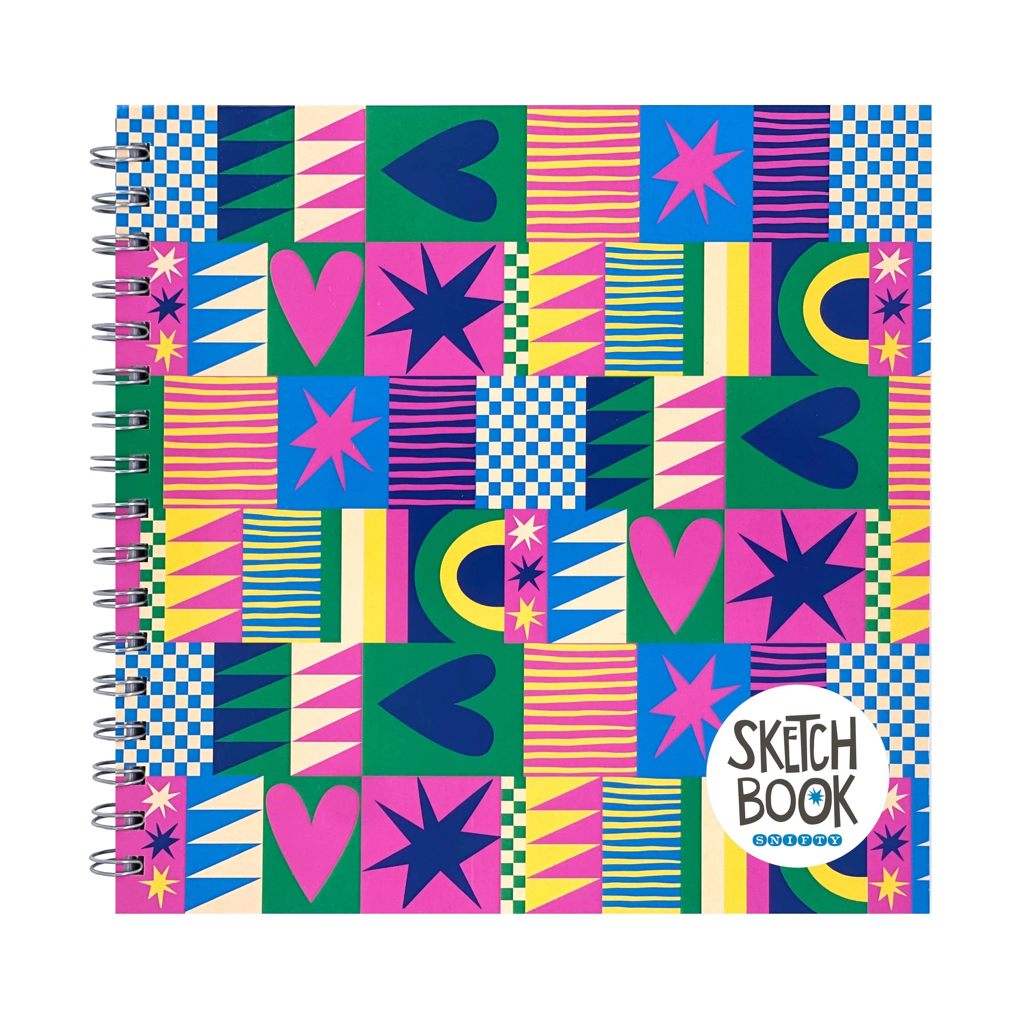 Colorful geometric patterned sketchbook with 'Sketch Book' label on a white background