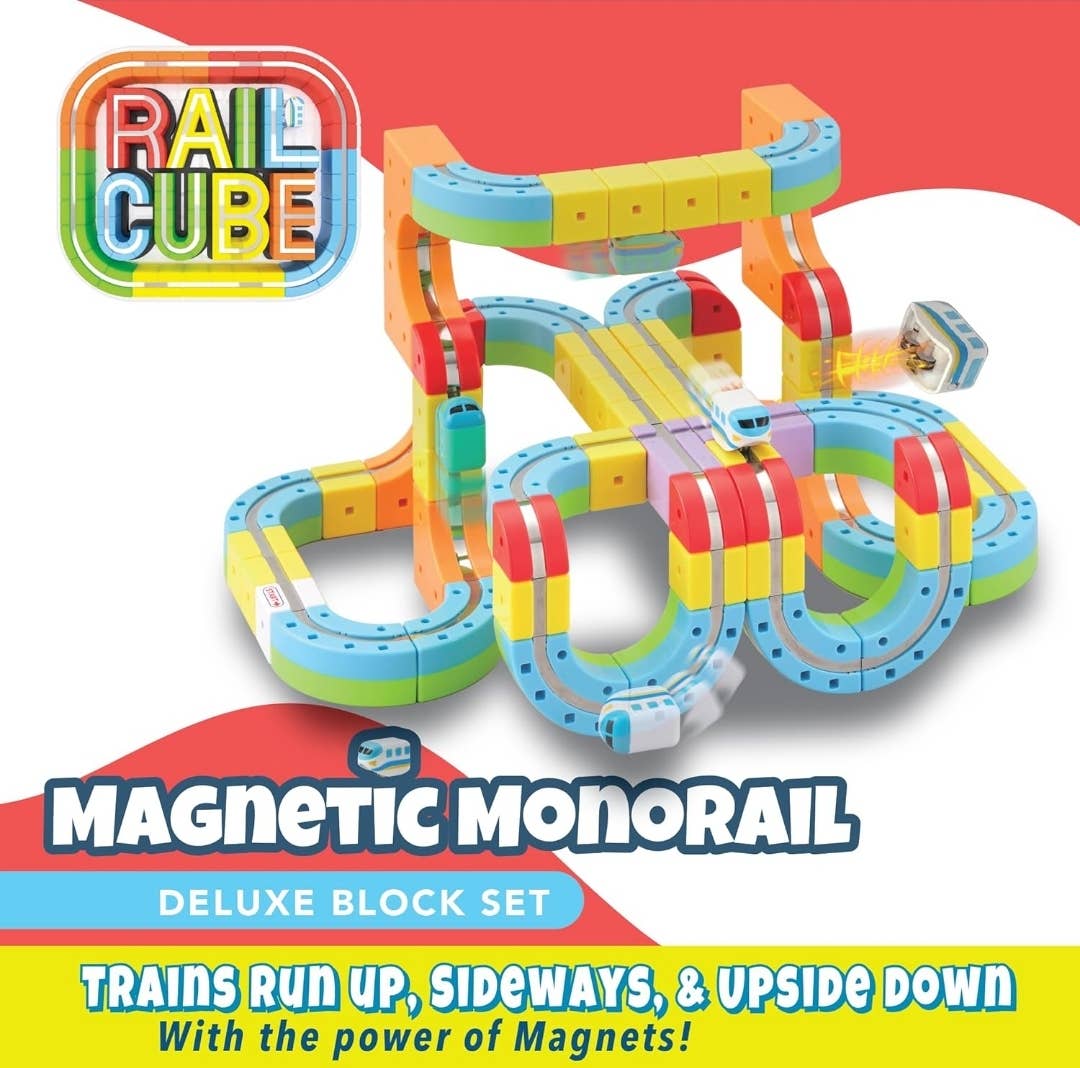 Colorful magnetic monorail toy set with 'Rail Cube' branding on a red and white background.