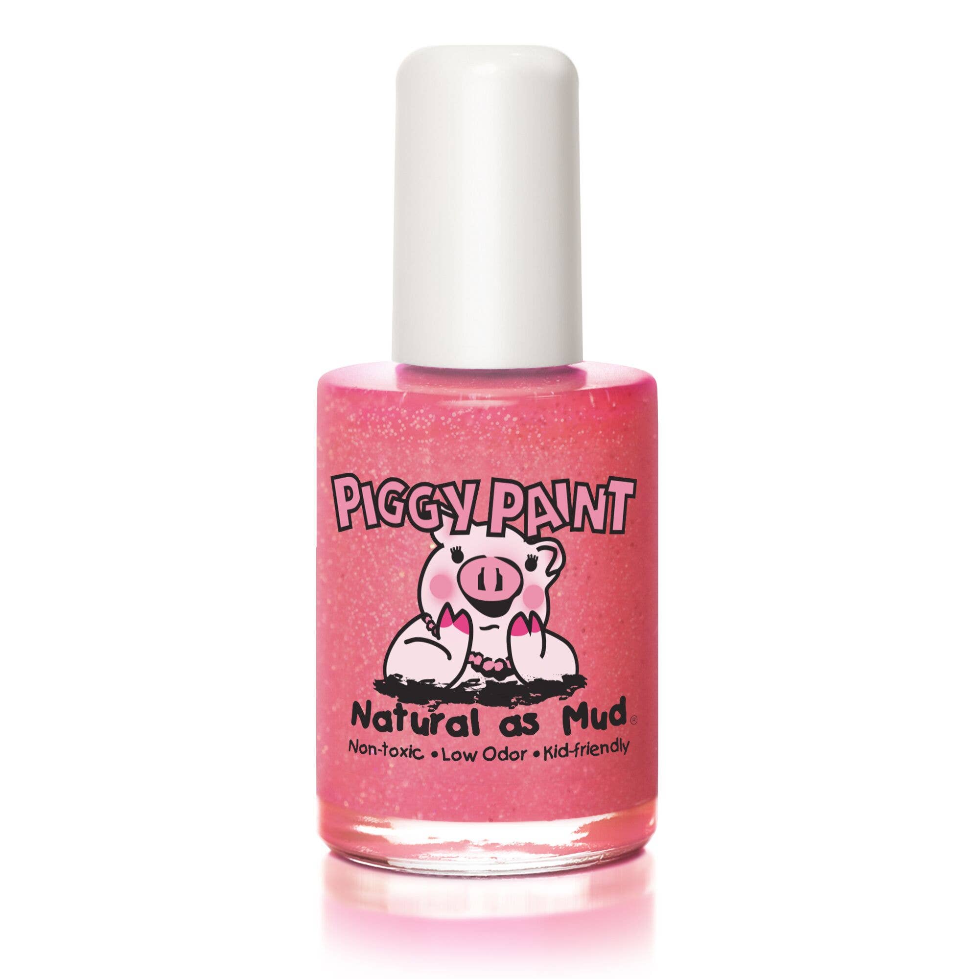 Pink nail polish bottle with 'Piggy Paint' branding on a white background