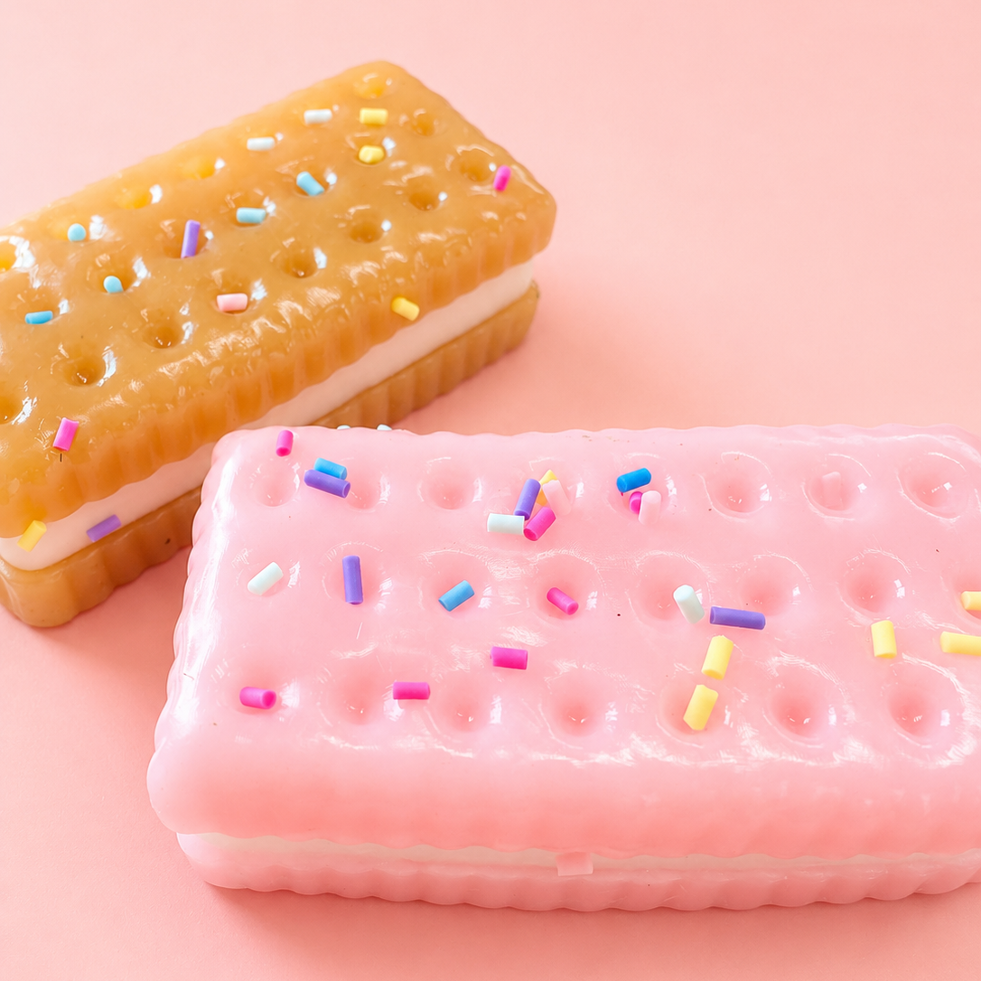 Two miniature sandwich cookies styled like ice cream sandwiches, one golden brown with white cream and multicolor sprinkles, and one pink with white cream and multicolor sprinkles, set against a solid pink background.