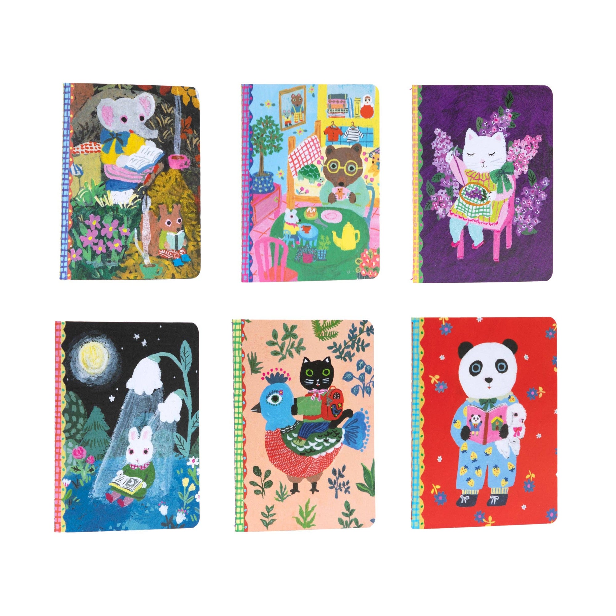 Set of six colorful notebooks with animal-themed designs on a white background