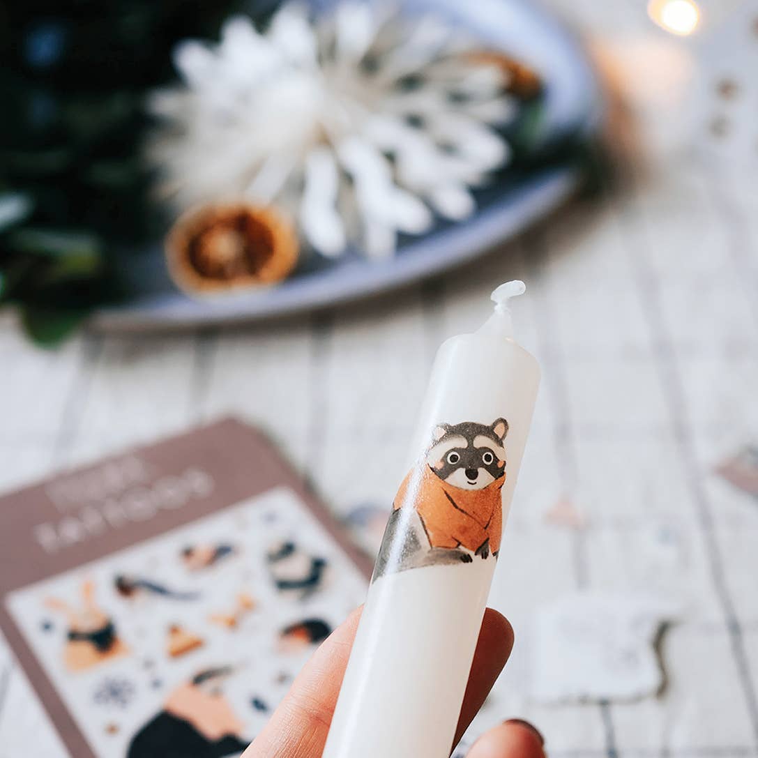 Candle with raccoon design held by a hand, blurred background with decorative items