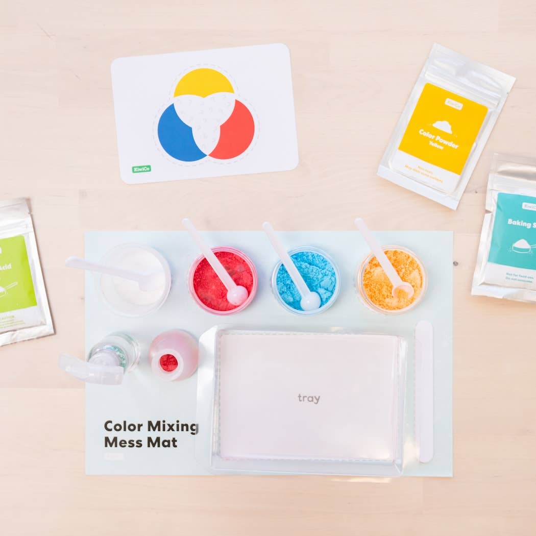 Color mixing mat with color swatches and packets on a beige background