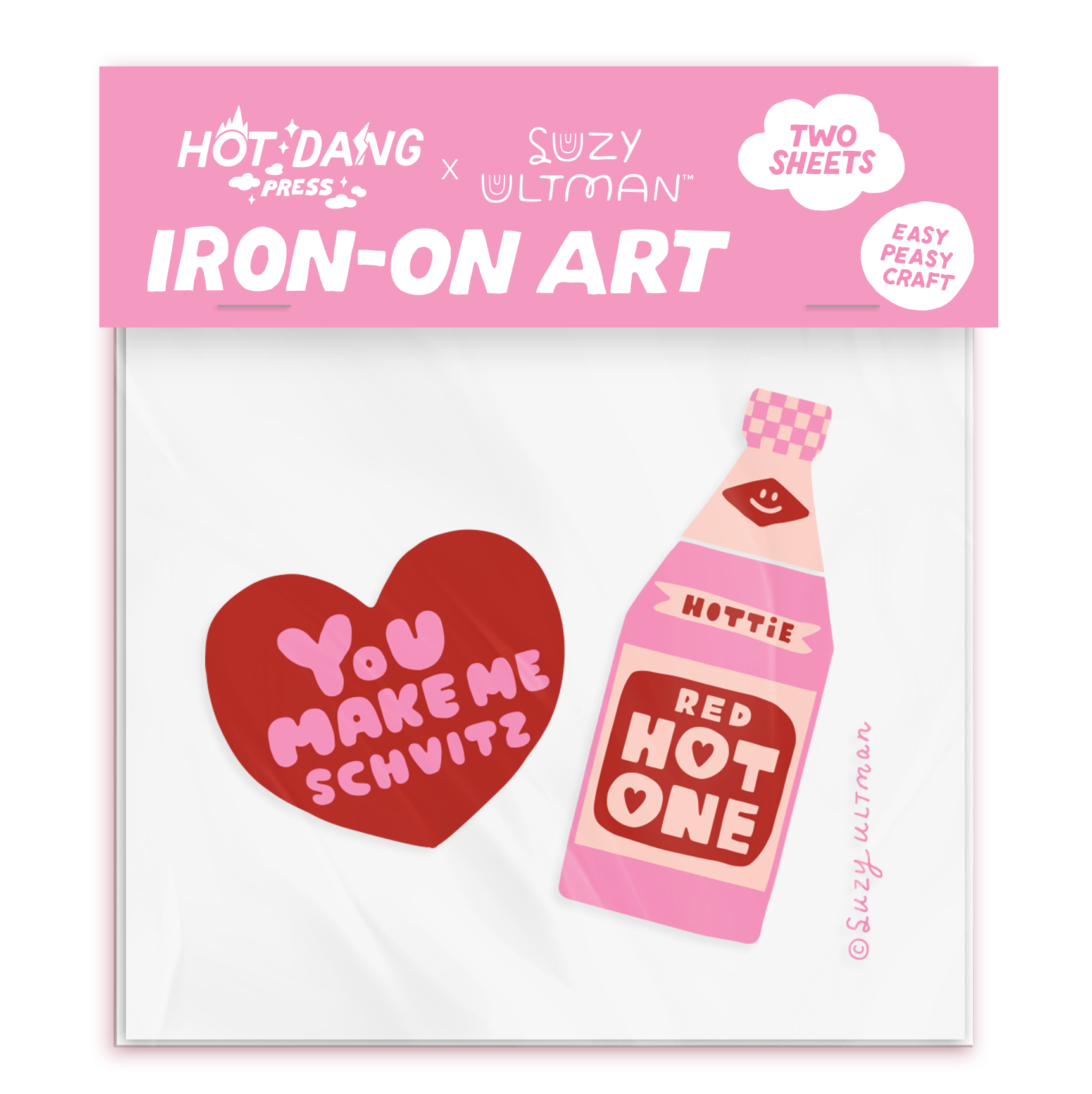 Iron-on art package with heart and hot sauce bottle design on a pink background