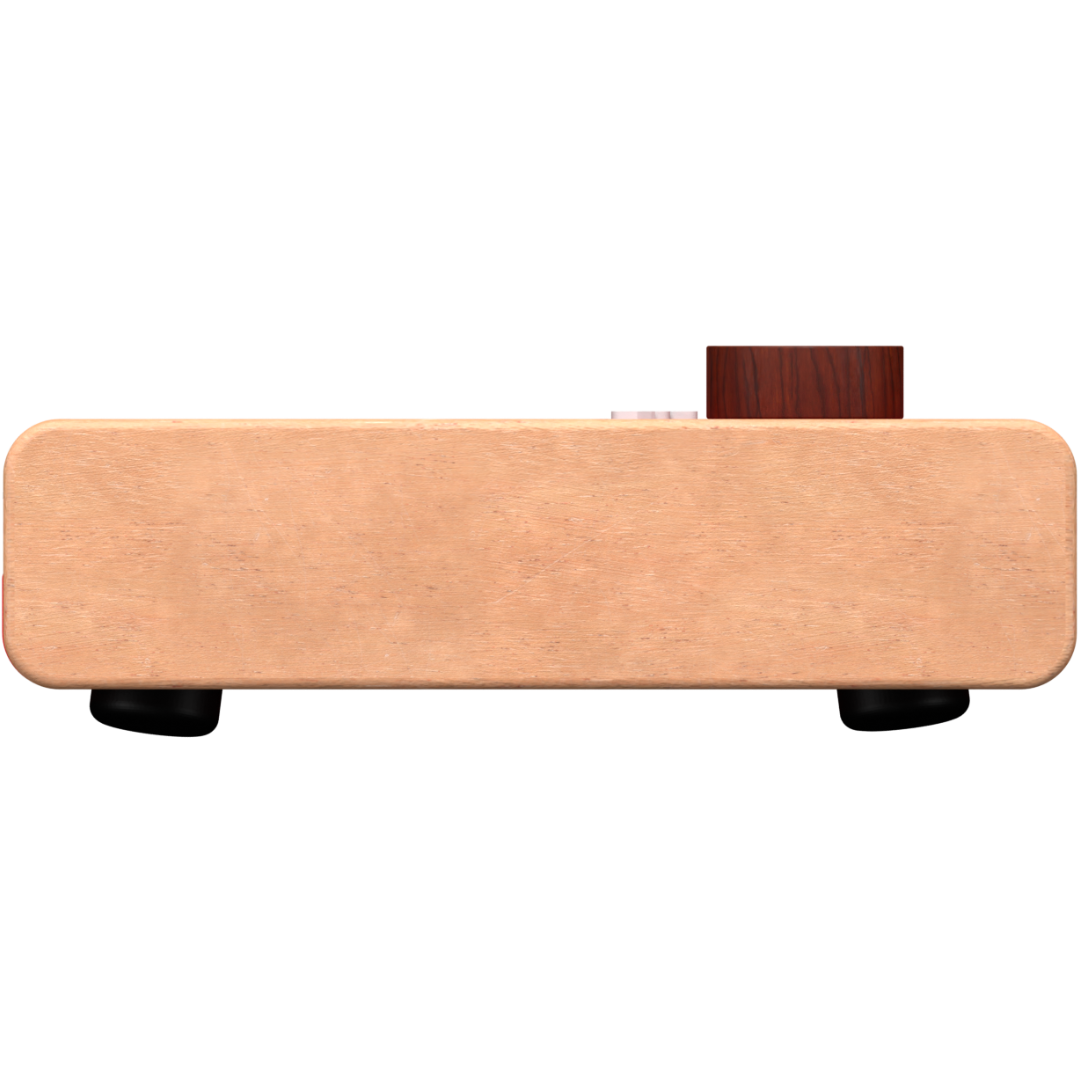 Wooden piano with a dark brown knob on a white background