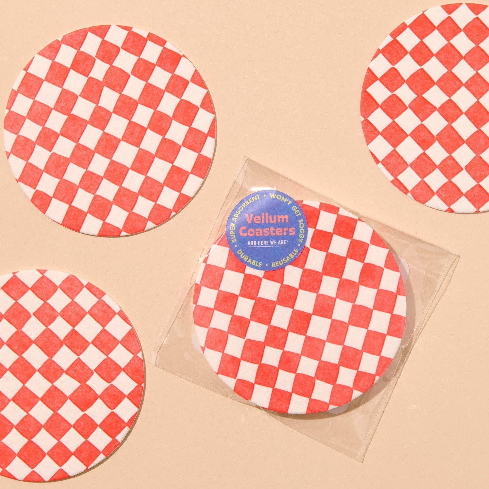 Letterpress Reusable Vellum Coasters—Checker Neon Red