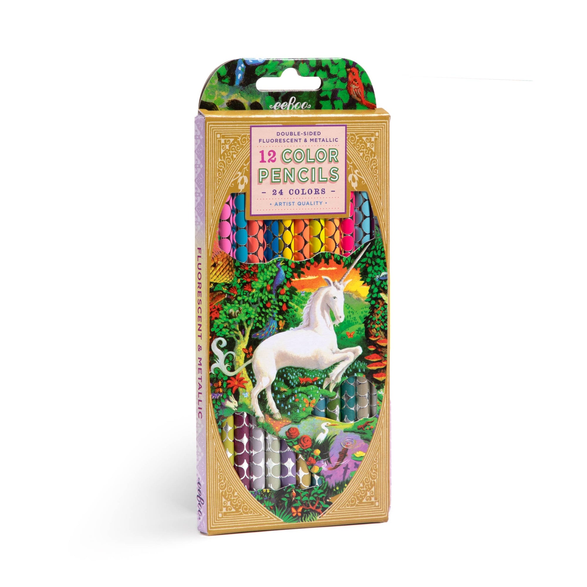 Pack of color pencils with a unicorn illustration on the packaging