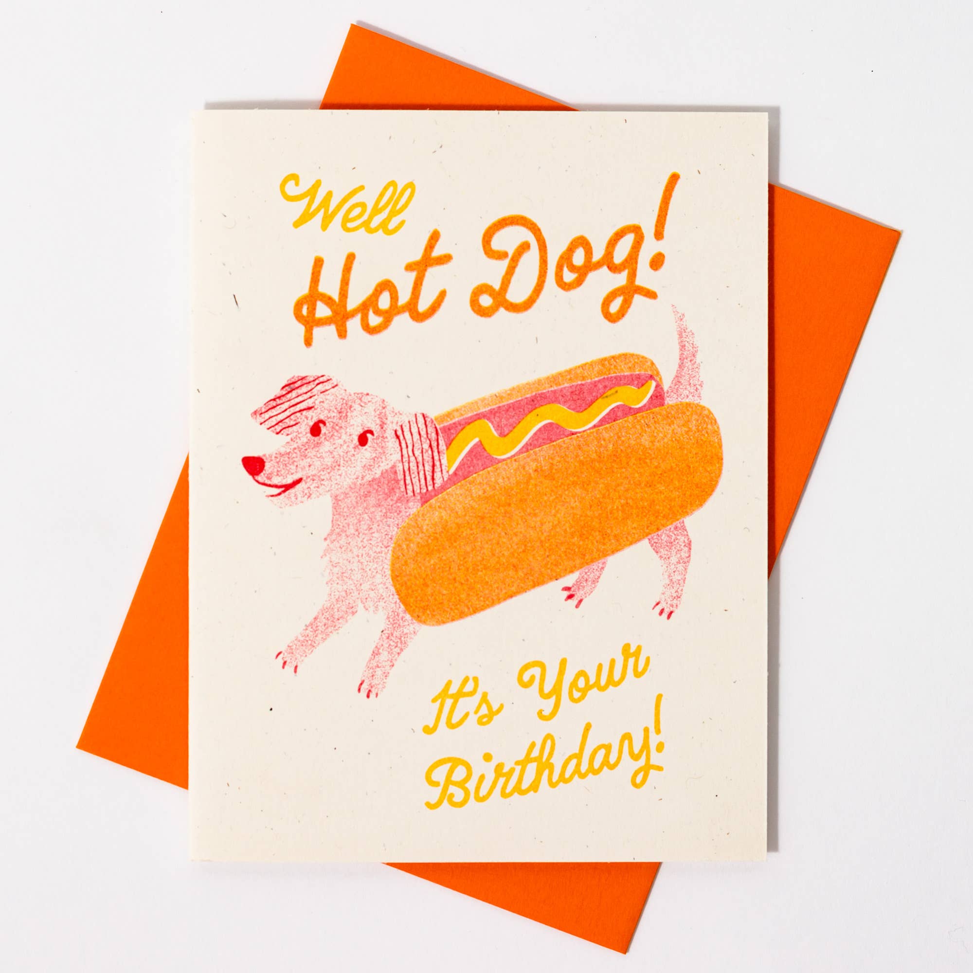 Birthday card with a dog in a hot dog costume and 'Well Hot Dog! It's Your Birthday!' text on a white background.