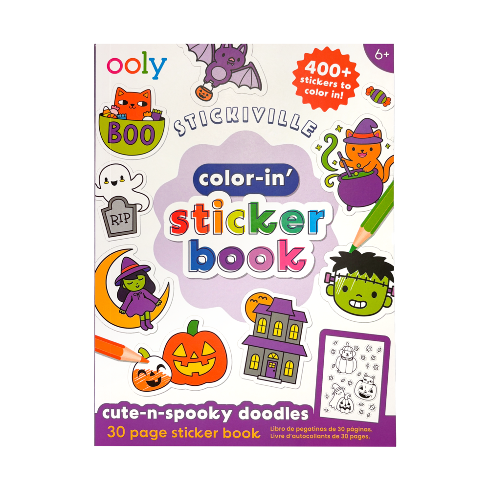 Ooly Stickiville color-in sticker book with Halloween-themed stickers on a white background