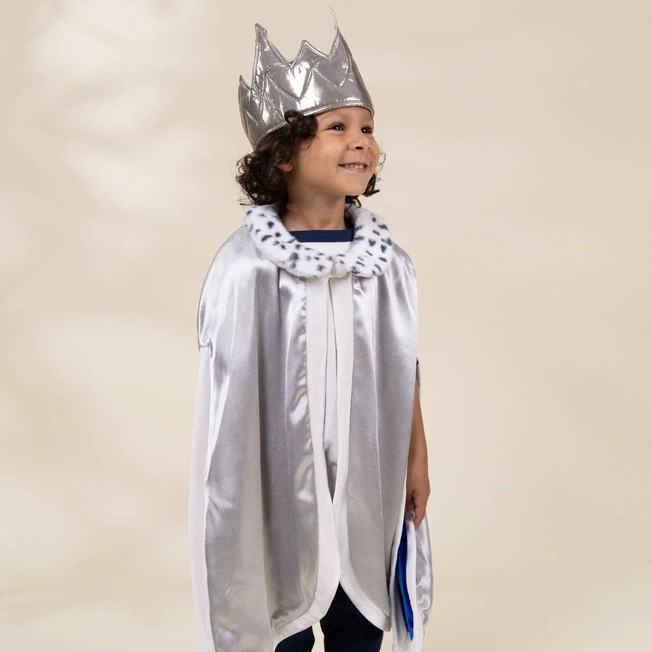 A young child wearing a silver metallic royal costume set with a shiny crown, cape, and embroidered collar, standing against a plain beige studio background.