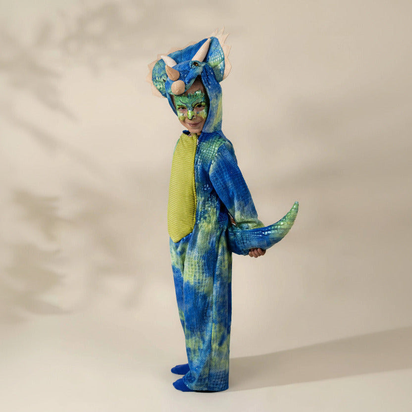 Child wearing a blue and green dinosaur costume against a plain background