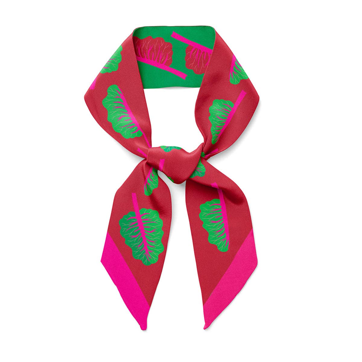 Red scarf with green and pink leaf patterns on a white background