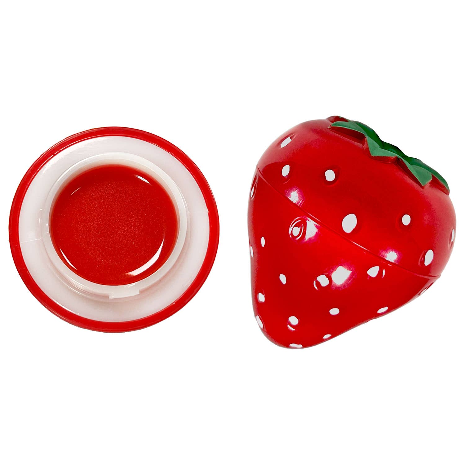 Red strawberry-shaped container with a lid on a white background
