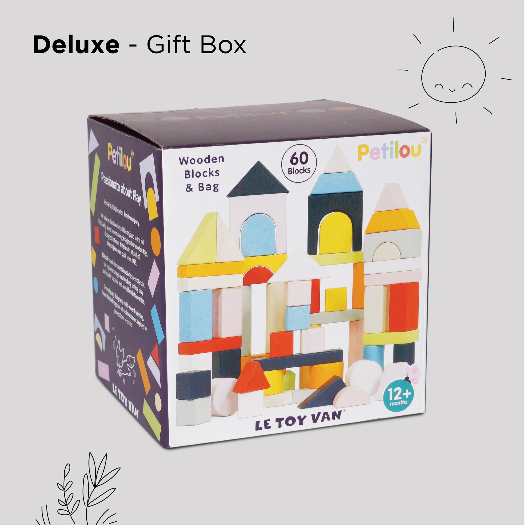 Box of Petilou wooden blocks and bag set on a light gray background