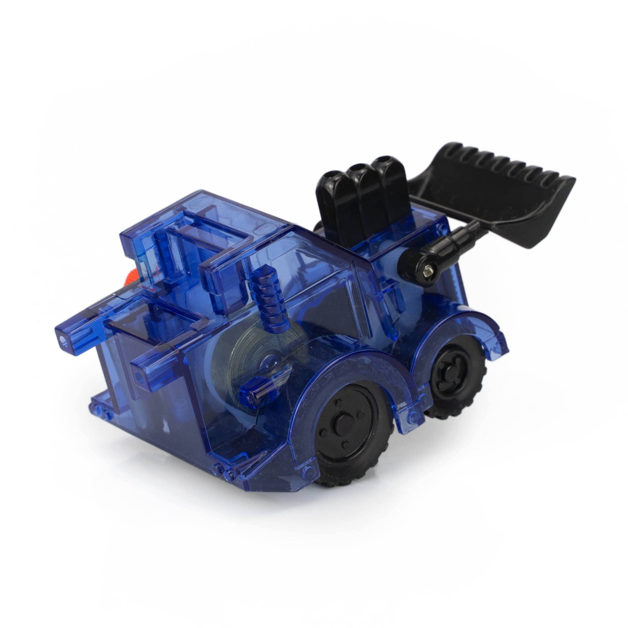 Blue toy bulldozer with black wheels and scoop on a white background