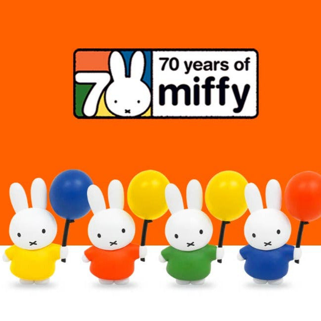 Four colorful miffy figurines holding balloons against an orange background with '70 years of miffy' text.