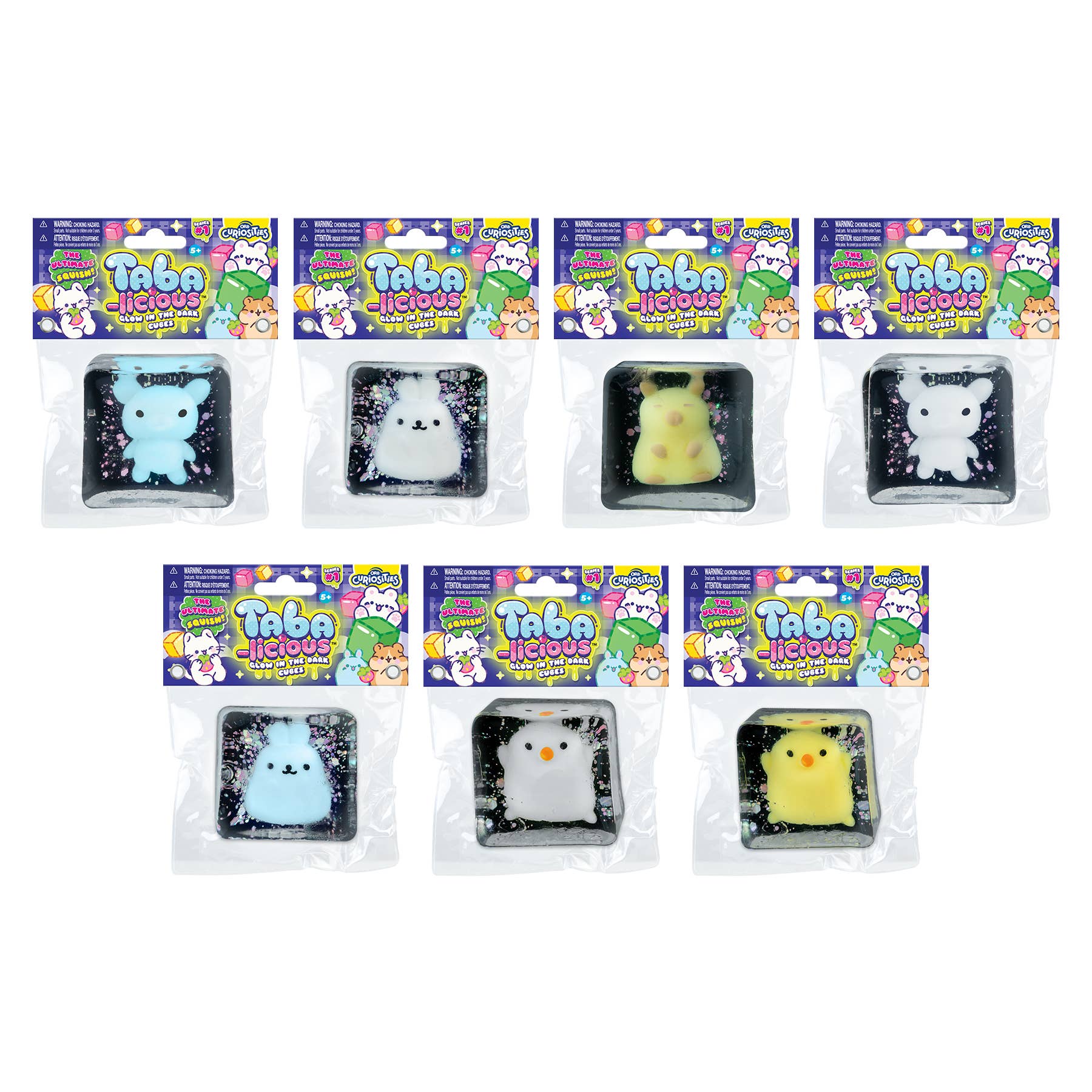 Set of six packages of Taba Heroes squishies with various animal designs on a white background.