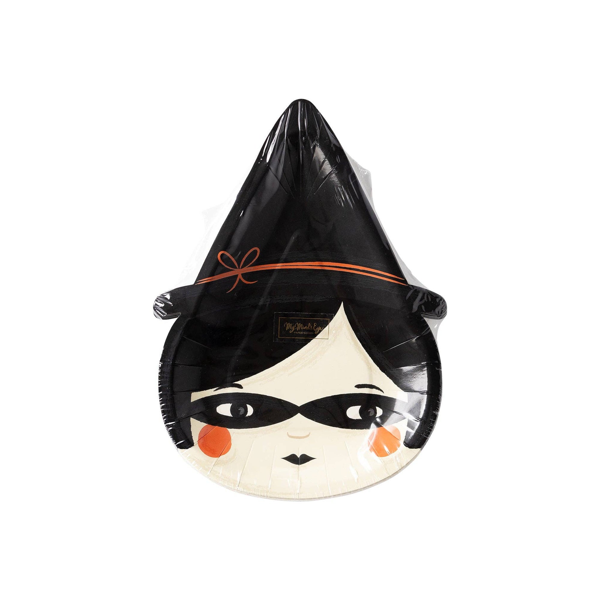 Halloween-themed plate with a witch face design on a white background