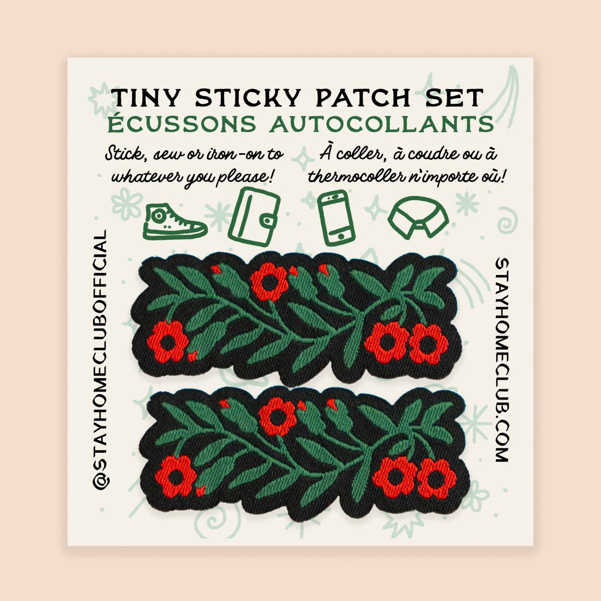 A product card displaying a set of two embroidered patch shapes featuring green leaves and red flowers on a cream background, with text reading 'TINY STICKY PATCH SET ECUSSONS AUTOCOLLANTS' and side branding 'STAYHOMECLUBOFFICIAL' and 'STAYHOMECLUB.COM'.