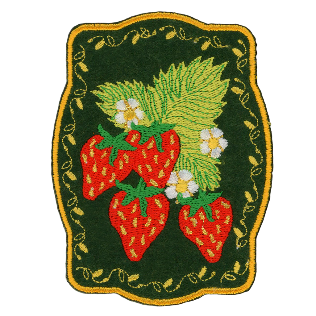 Embroidered patch with strawberries and leaves on a green background