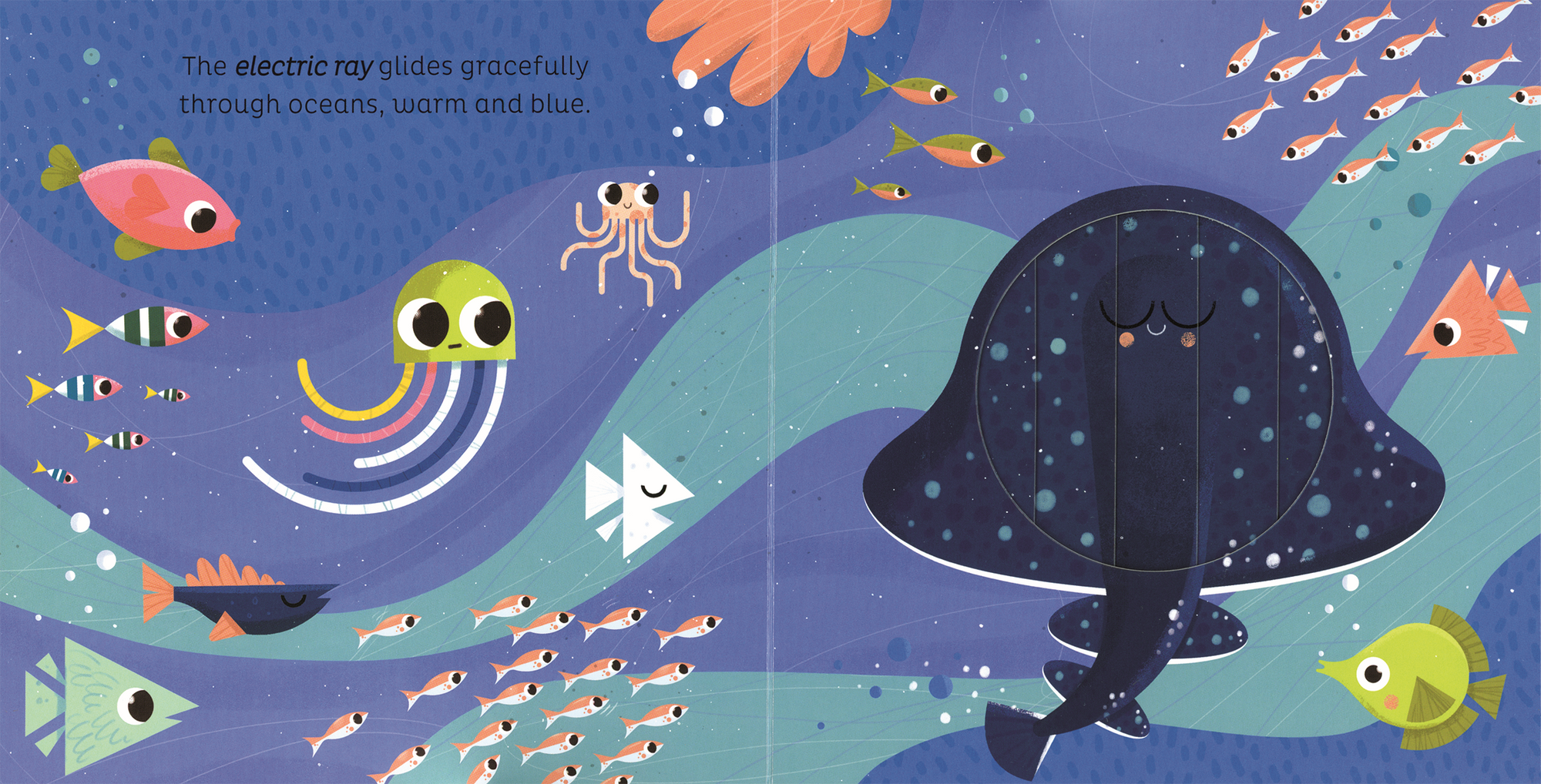 Illustration of an electric ray in an underwater scene with various sea creatures.
