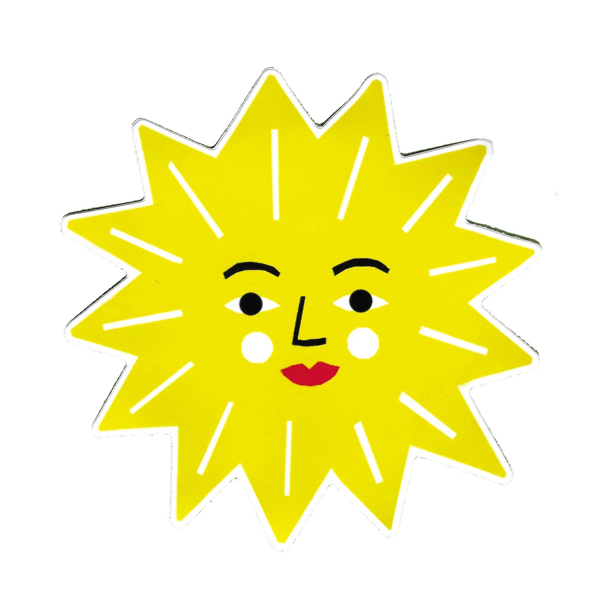 A die-cut sticker of a smiling yellow sun with a minimalist face, shown on a plain white background.