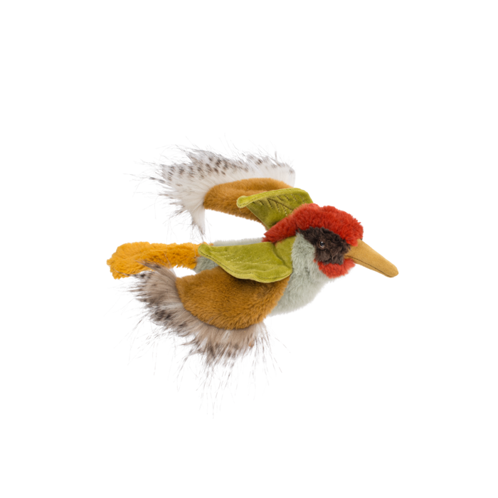 Felted bird toy with colorful feathers on a white background