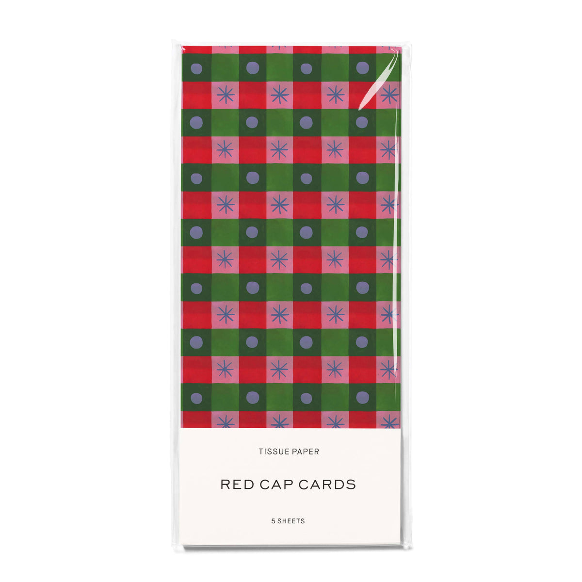 A package of tissue paper cards featuring a red and green plaid pattern with blue starburst and dot motifs, labeled 'Tissue Paper Red Cap Cards' on a white lower section, shown on a plain white background.