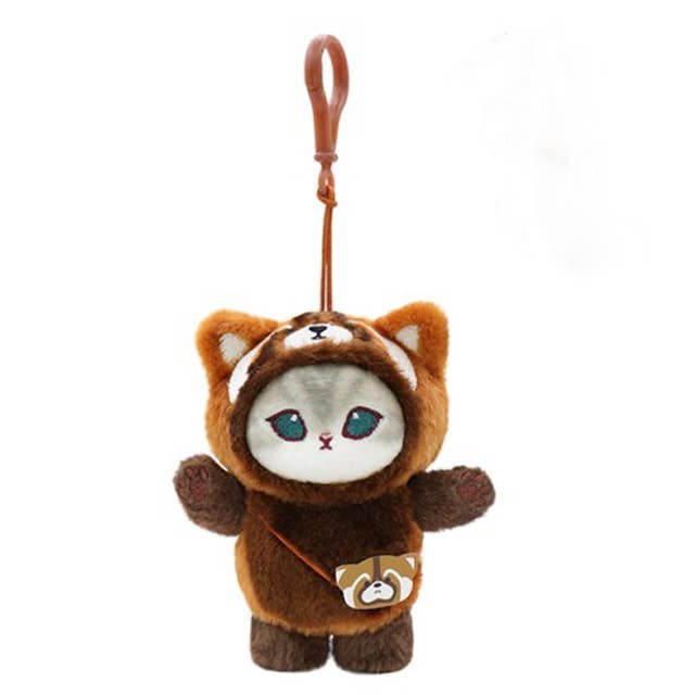 Plush keychain in the shape of a cat wearing an red panda costume on a white background