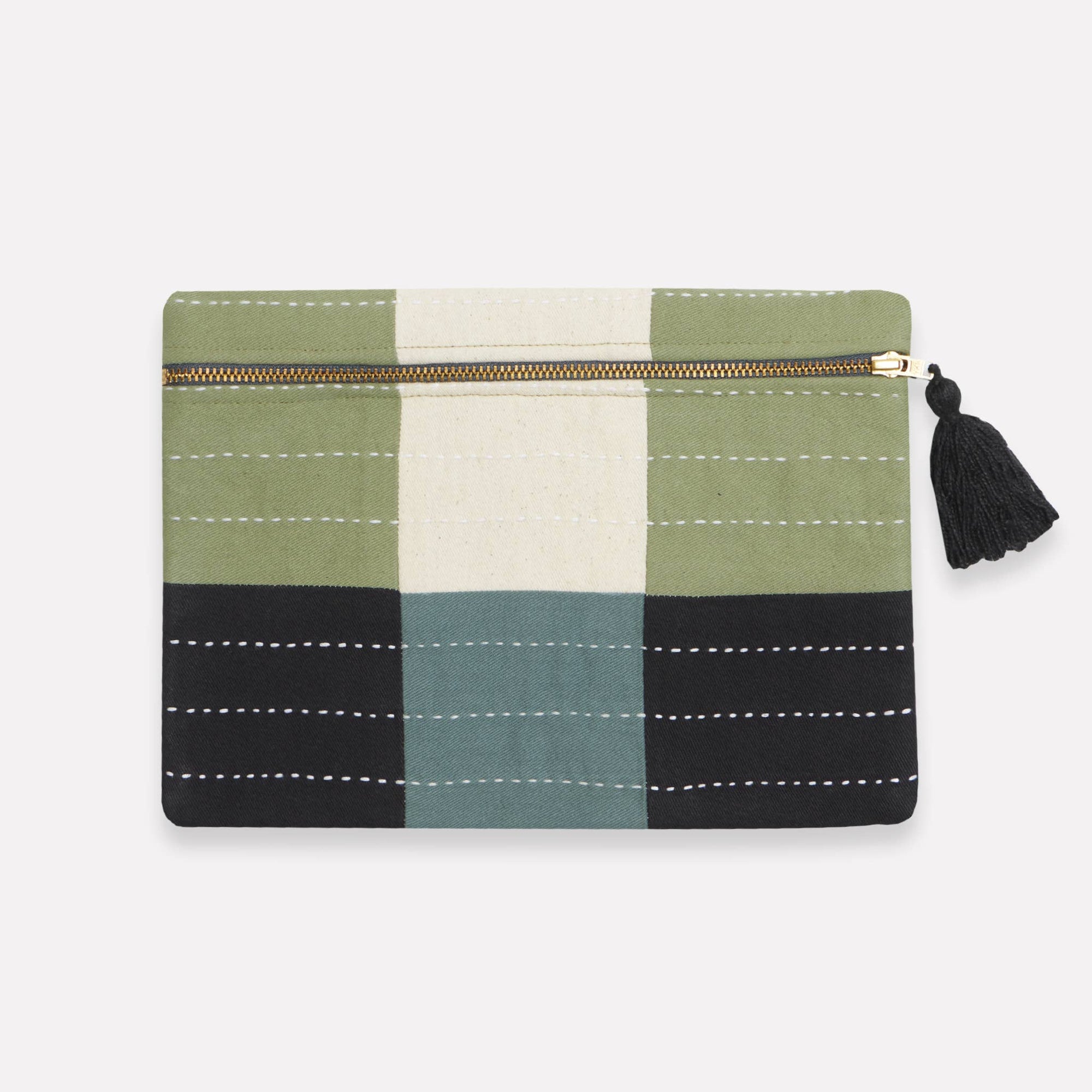 Color-blocked pouch with a tassel on a white background