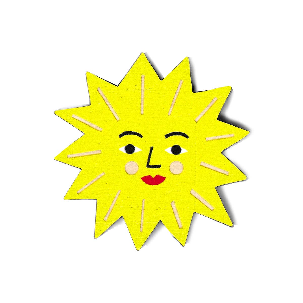 Yellow sun-shaped object with a face on a white background