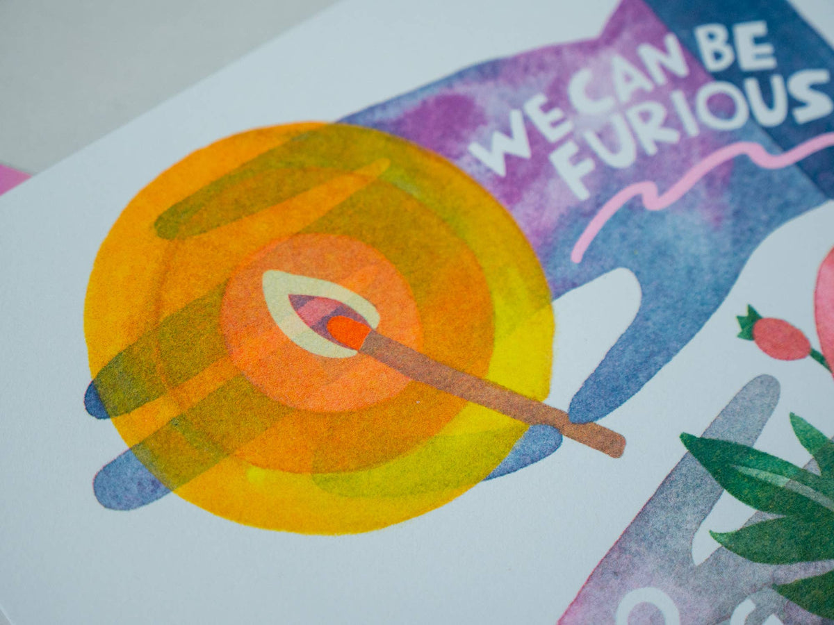 Colorful illustration with a target and text 'WE CAN BE FURIOUS' on a white background
