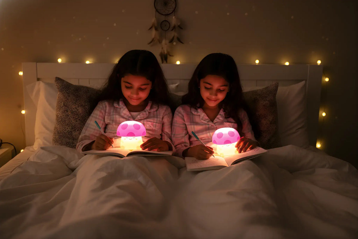 Two children in bed with glowing books, surrounded by string lights.