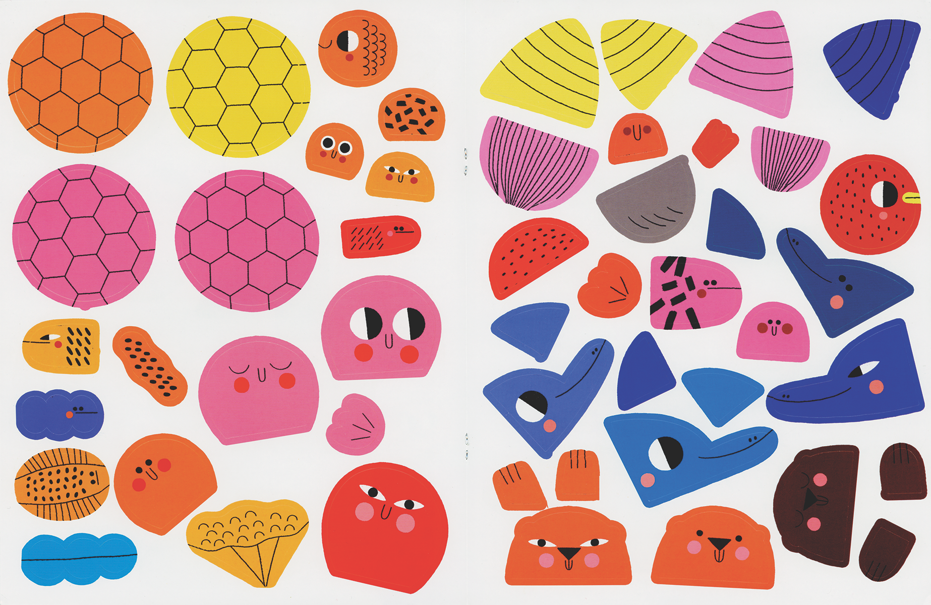 Colorful geometric shapes with facial expressions on a white background