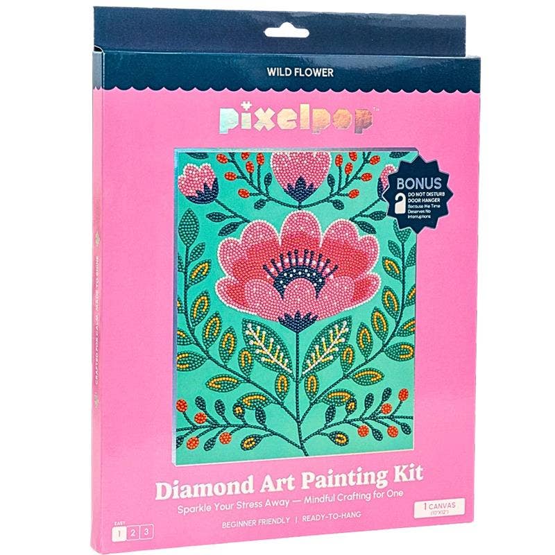 Pixel Dot diamond art painting kit packaging with a pink border and floral design.