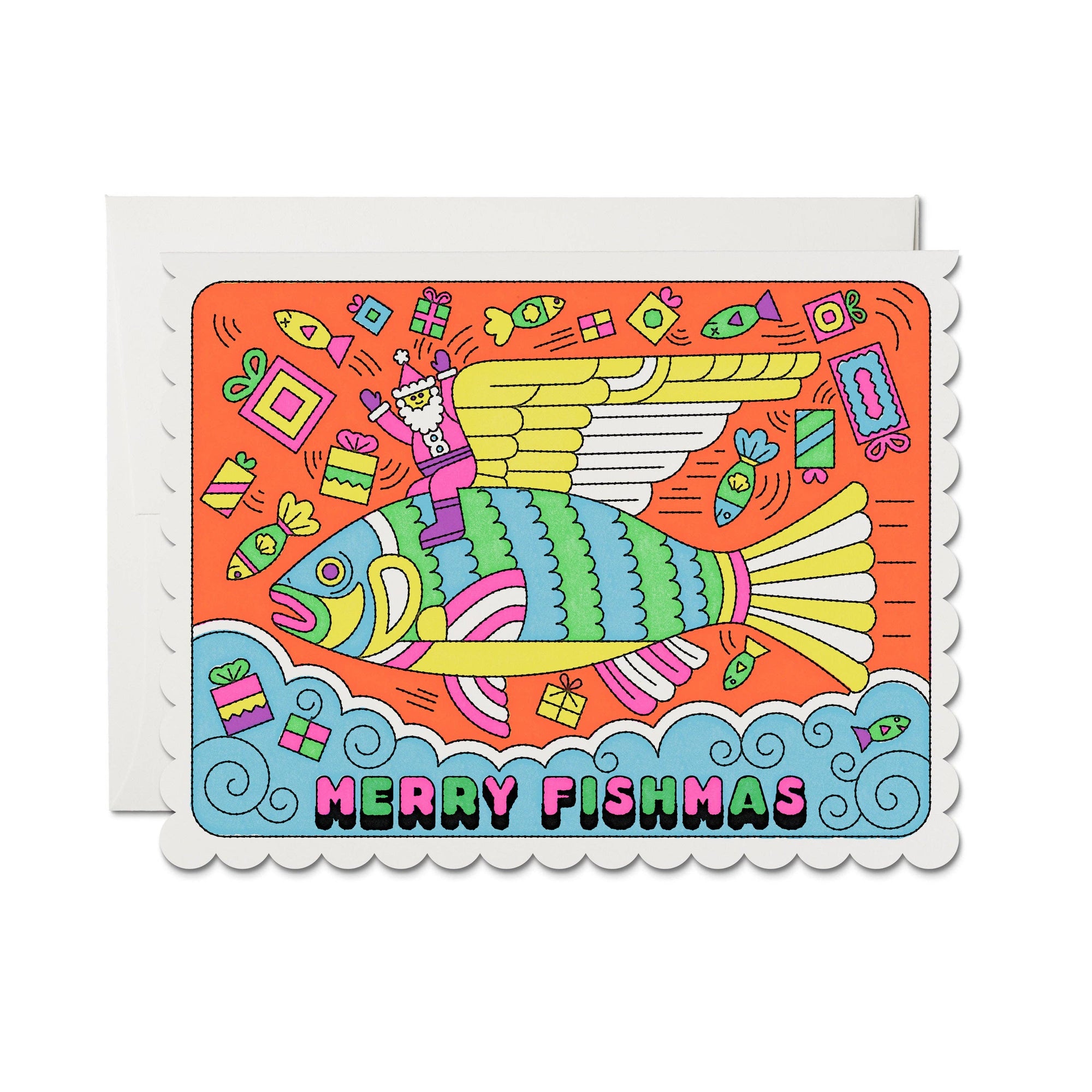 Colorful card with a fish and Santa Claus design, featuring 'Merry Fishmas' text.