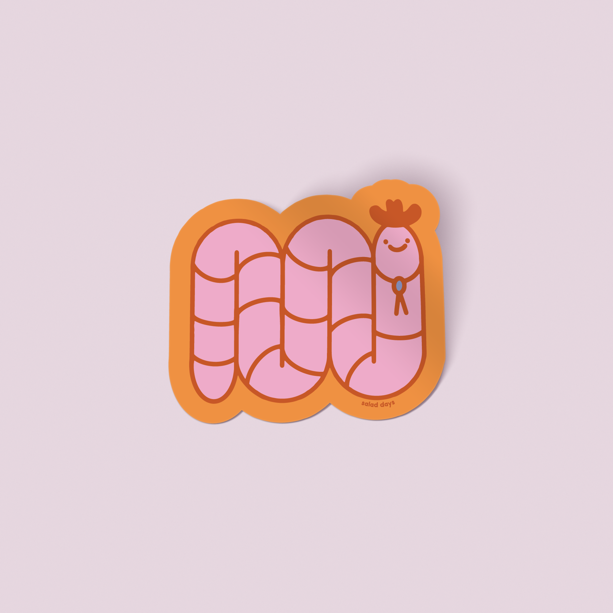 Sticker of a pink character with a crown on a light purple background