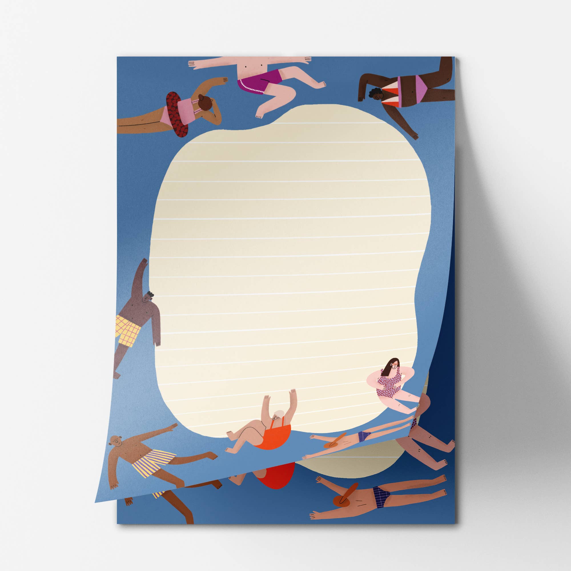 A square notepad with a blue border featuring a flat illustration of people swimming and floating around a large blank cream-colored writing area, shown on a light gray background with a soft drop shadow.